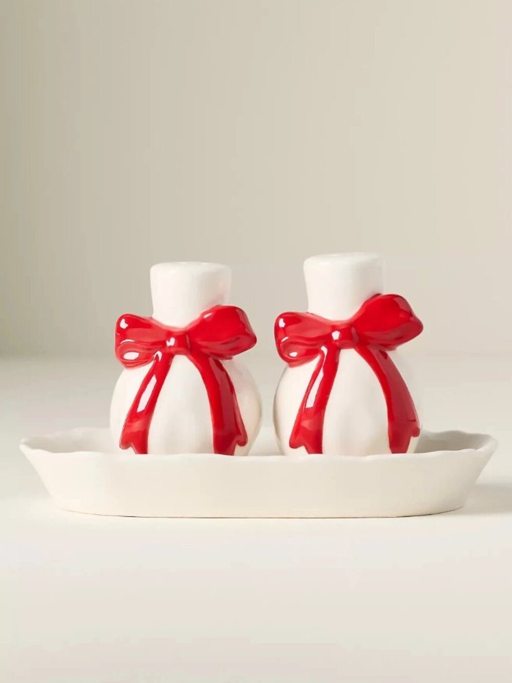 Anthropologie Benedita Stoneware Bow Salt & Pepper Shakers, Red